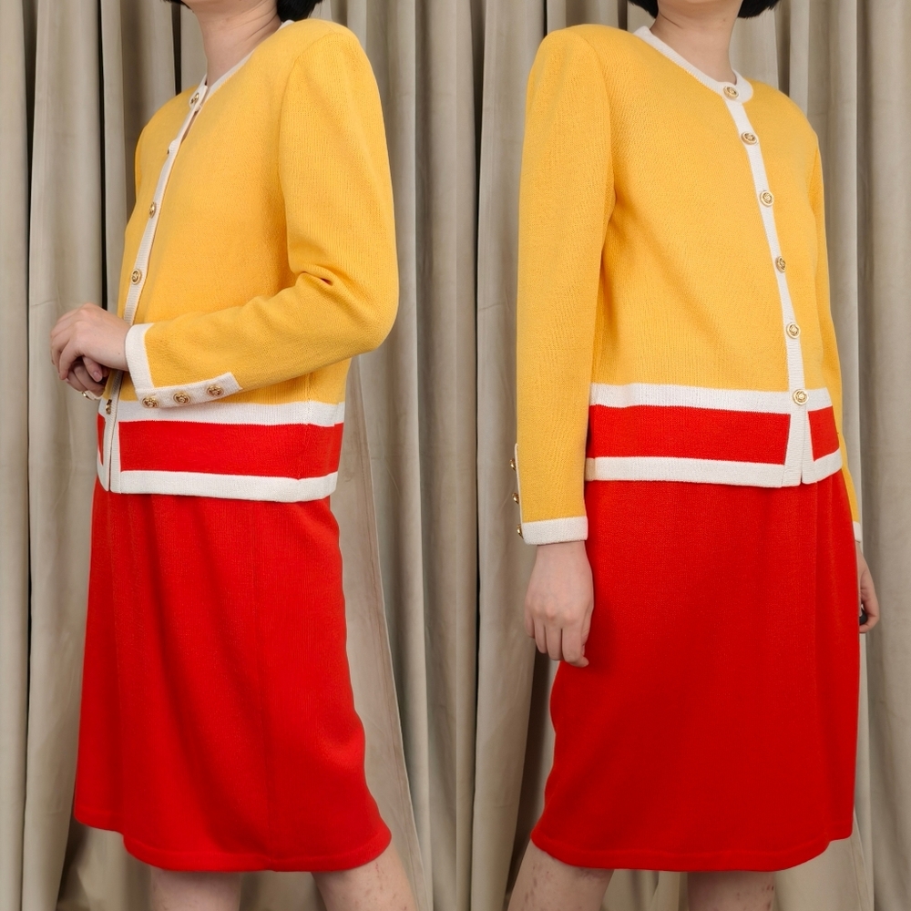 Vintage St. John Vibrant Red and Yellow Santana Knit Skirt Set - Picture 3 of 8